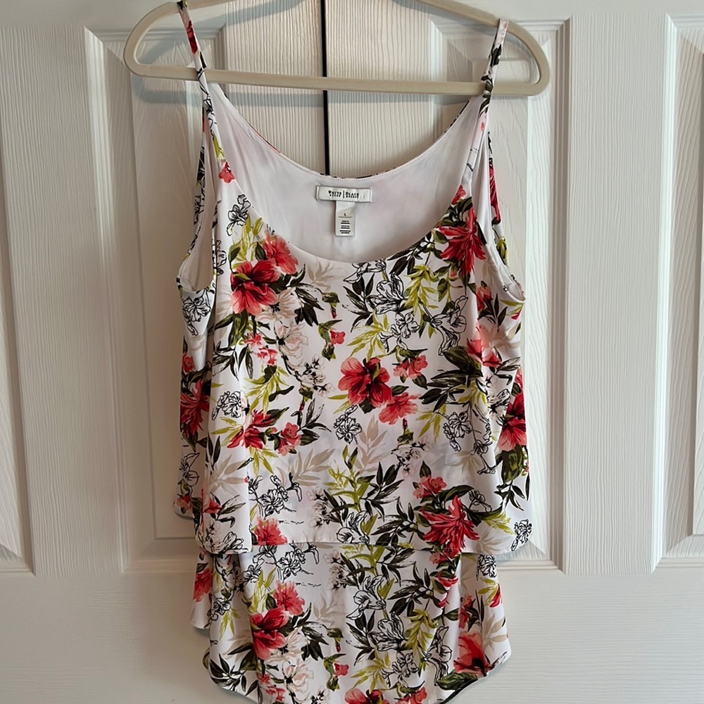 WHBM tank with spaghetti straps. White with black, pink, peach, greens